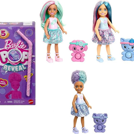 Barbie Chelsea Pop Reveal Doll Set, Treat Series with 5 Surprises Including Scented Small Doll, Pop-It Pet & Color Change (Styles May Vary)