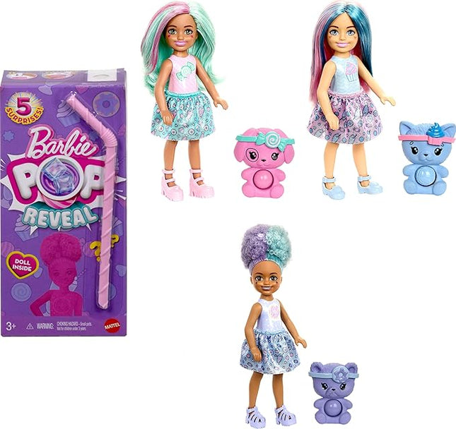 Barbie Chelsea Pop Reveal Doll Set, Treat Series with 5 Surprises Including Scented Small Doll, Pop-It Pet & Color Change (Styles May Vary)