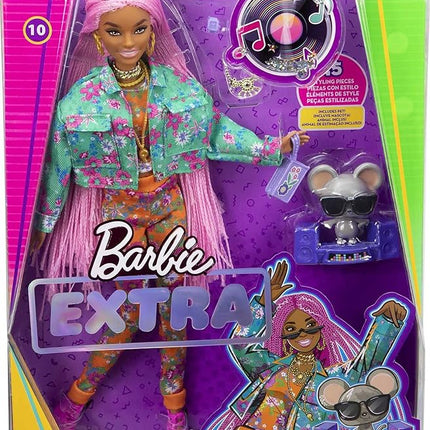 Barbie Extra Doll & Accessories with Long Pink Braids in Teal Floral Jacket & 2-Piece Floral Outfit with DJ Pet Mouse