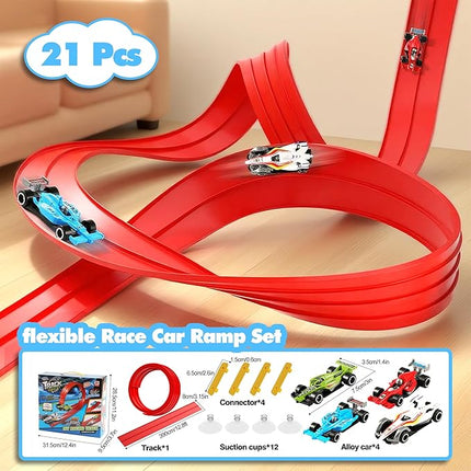 Race Track, Flex Track 12.8 Ft Starter Set, Car Truck Track Compatible with Hot Wheels and Diecast 1/64th Cars, Classic Long Roll Up Race Track with 4 Cars and 12 Suckers, Gifts for Kids Toddlers