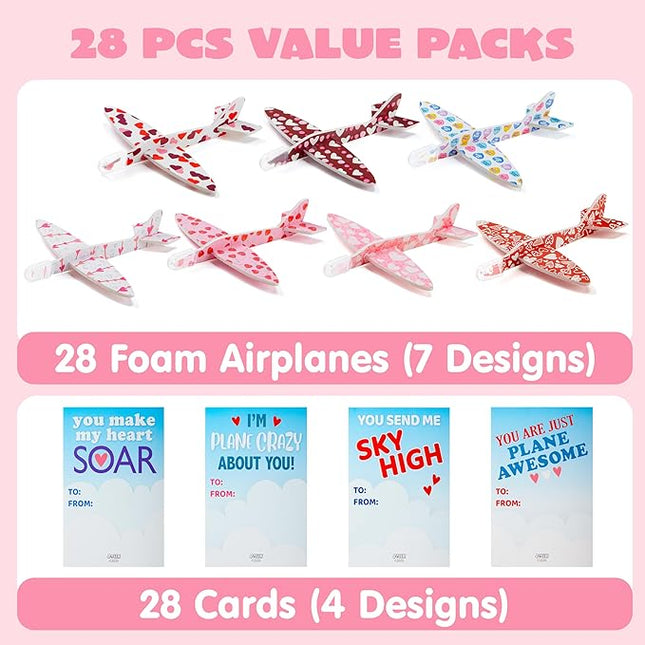 JOYIN 28 Pack Valentine's Day Greeting Cards with Foam Airplanes, Valentine Classroom Exchange, School Gift Exchange Game Prizes (Mixed)