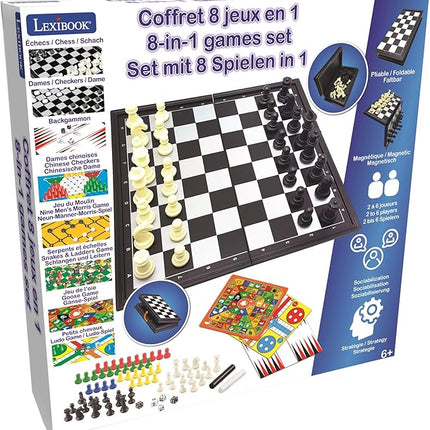 LEXiBOOK 8-in-1 Games Set, Chess, Checkers, Backgammon, Chinese Checkers, Nine Men's Morris, Snakes & Ladders, Goose, Ludo, 2-6 Players, Ages 6+