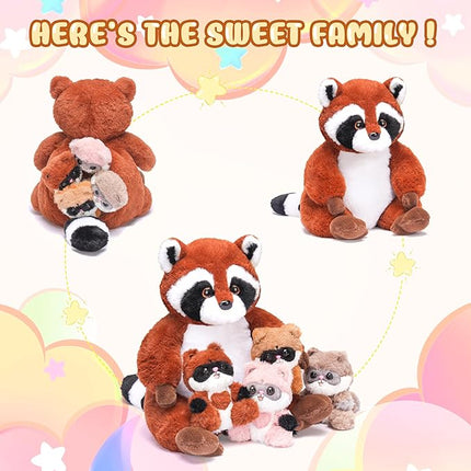 IKASA Mommy Raccoon Stuffed Animal Mom and Baby Plush Toy, Cute 12.5" Soft Mama Family Set with Little Mini Babies,Gifts for Kids