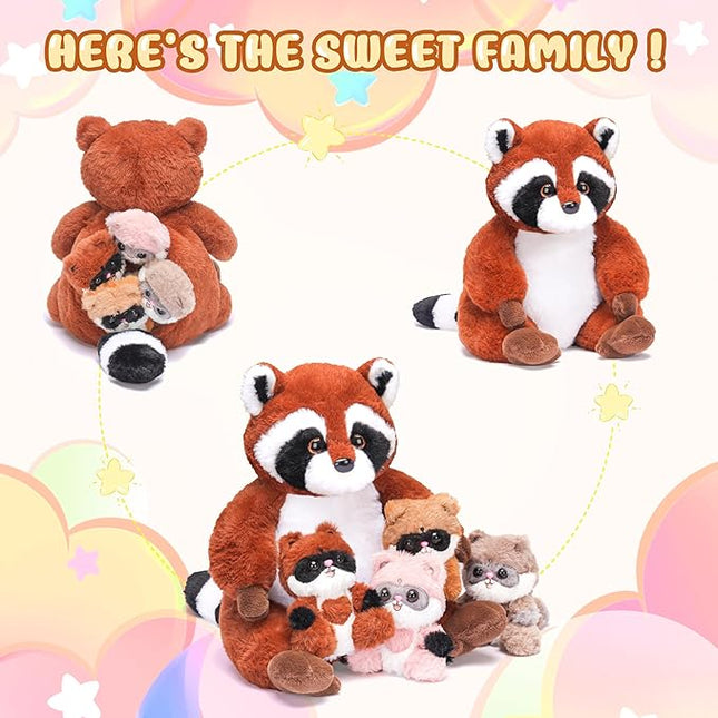 IKASA Mommy Raccoon Stuffed Animal Mom and Baby Plush Toy, Cute 12.5" Soft Mama Family Set with Little Mini Babies,Gifts for Kids