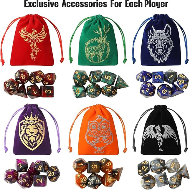Grajar DND Dice Set, 42 Pcs polyhedral dice Set with 6 Colorful Animal Pattern Dice Bag and PU Leather and Velvet dice Tray for Dungeons and Dragons D&D RPG MTG Table Games Starry Sky