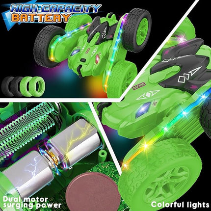 Remote Control Car,RC Cars with sides light strip and Headlights,Double Sided 360 Flips Rotating RC Stunt Car,2.4Ghz All Terrain Toys for Ages 4-6 Kids Toy for Boys Girls Birthday Gift(Green)