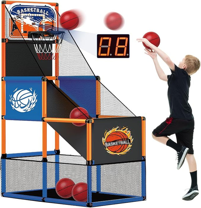 Arcade Basketball Game Set for Kids 3-12 – Indoor & Outdoor Basketball Hoop with 4 Balls, Adjustable Height, LED Scoring, Air Pump & Storage – Fun Sports Toy for Boys & Girls Ages 4-8, 8-12