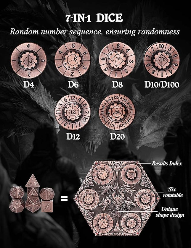 7 in 1 DND Spinner Dice Set Role Playing Board Games Accessories Good Choice Accessories for DM, Gamer and Collector (Copper)