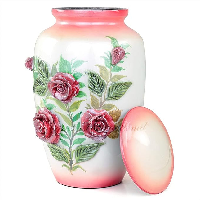 11" 3D Carved Decorative Flowers Aluminum Metal Cremation Urns for Human Ashes | Hand-Crafted Large Urn for Adult Cremation (Pink Roses)