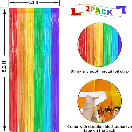 2 Pack Rainbow Foil Fringe Curtains Streamers Party Decorations 3.3 x 8.2 ft, Tinsel Curtain Fringe Backdrop for Parties, Door Fringe Birthday Streamers, Barbie Backdrop Birthday Party Decorations