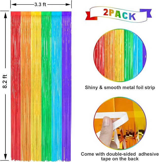 2 Pack Rainbow Foil Fringe Curtains Streamers Party Decorations 3.3 x 8.2 ft, Tinsel Curtain Fringe Backdrop for Parties, Door Fringe Birthday Streamers, Barbie Backdrop Birthday Party Decorations