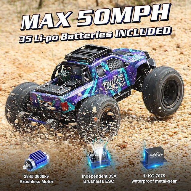 1/14 Brushless RC Trucks for Adults,Fast 50mph 4WD Waterproof All Terrain Truck and 20W Fast Charging System with 2.4Ghz Remote Control,RTR Monster 4X4 Electric RC Cars