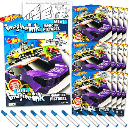 Hot Wheels Imagine Ink Coloring Book Set for Kids - 12 Pack No-Mess Magic Inks Race Car Coloring Books with Rex-Man Stickers and Door Hanger (Hot Wheels Party Supplies Party Favors Bundle)