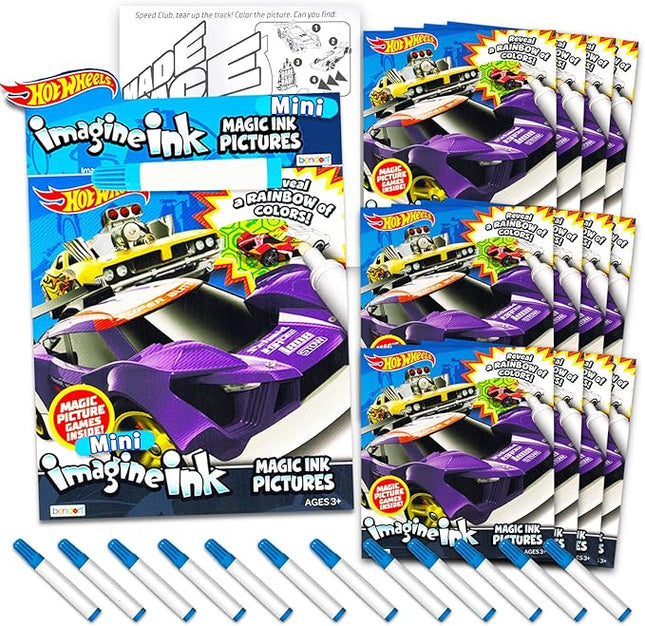 Hot Wheels Imagine Ink Coloring Book Set for Kids - 12 Pack No-Mess Magic Inks Race Car Coloring Books with Rex-Man Stickers and Door Hanger (Hot Wheels Party Supplies Party Favors Bundle)