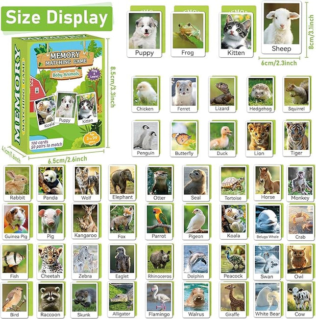 gisgfim 50 Pairs Memory Matching Game Animal Babies Concentration Memory Card Educational Game for Kids Adults A Fun & Fast Baby Animals Game Toddlers Preschool Family Board Gift Matching Games