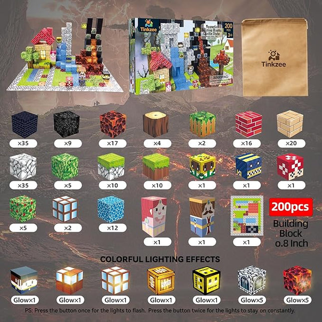 200 PCS Magnetic Building Blocks–STEM Educational Magnet Cube Set with 15 LED Light-Up Blocks (Replaceable Battery)&Foldable Magnetic Board,Creative Construction Toy Gift for Kids (Boys&Girls Ages 3+)