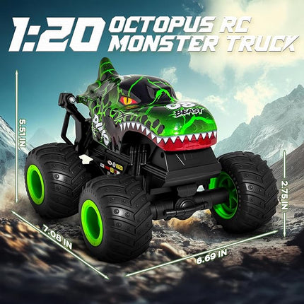 Remote Control Monster Truck - Dinosaur Monster Truck Toys with Music and Light, 1:20 Scale RC Truck with 360° Spins, Remote Control Car for Boys 4-7 for Kids Christmas Birthday Gifts