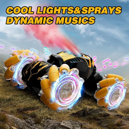 Remote Control Car for Boys 8-12, 4WD Gesture Sensing RC Stunt Car 2.4Ghz with Lights Music Sprayer RC Cars for Boys Age 4-7 8-12 Hand-Controlled Cars Toys Birthday Gifts for Kids Girls Yellow