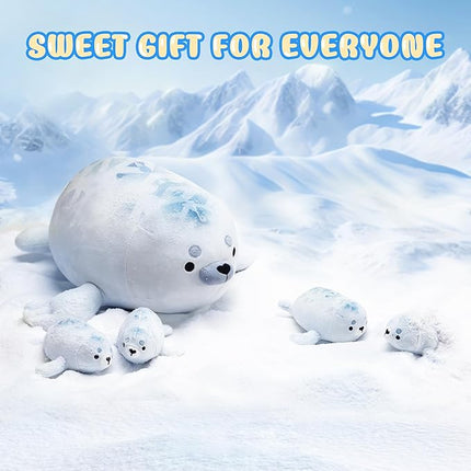 IKASA Mommy Seal Stuffed Animal Mom and Baby Plush Toy, Cute 16" Soft Small Mama Family Set Cuddly Toys with Little Mini Babies,Gifts for Kids