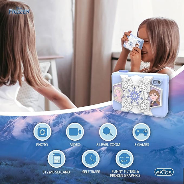 ekids Disney Frozen Kids Camera with SD Card, Digital Camera for Kids with Video Recording, Built-in Digital Stickers (Frozen)