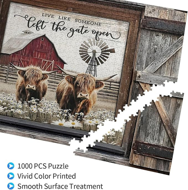 Highland Cow Jigsaw Puzzles 1000 Pieces for Adults, Farm Animal & Daisies Country Scene, Rustic Window View Wooden Puzzle, Relaxing Nature Art & Farmhouse Decor Gift