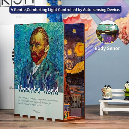 Tonecheer DIY Book Nook Kit for Adults,3D Wooden Puzzle Bookend Bookshelf Insert Library Decor, Booknook Miniature House Kit with Body Motion Sensor LED Light (Vincent's World)