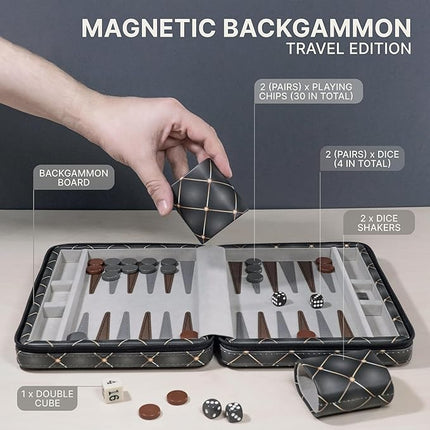 Magnetic Travel Backgammon Sets for Adults - Quality PU Leather Backgammon Board Game for Adults and Kids - 14" Gift for Man Backgammon Board with 32 Magnetic Pieces in PU Leather Case