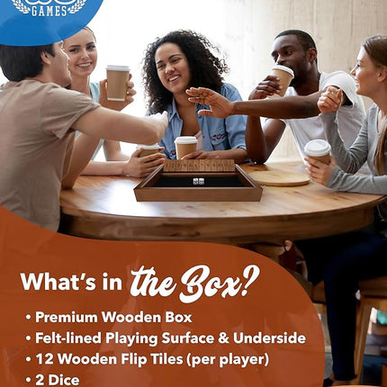 WE Games Wooden Shut The Box - Close The Box Set with 12 Number Tiles & 2 Dice Games - 13.5” Walnut Stained Finish