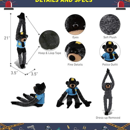 DolliBu Black Bear with Long Arms Police Officer Plush Toy - Soft Black Bear Cop Stuffed Animal Dress Up with Cute Cop Uniform and Cap Outfit - Gift with Personalization - 21 Inches