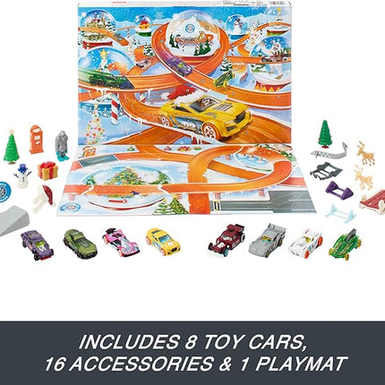 Hot Wheels Toy Cars, 2024 Advent Calendar, 8 1:64 Scale Cars, 16 Winter-Themed Accessories Behind 24 Numbered Doors & a Playmat
