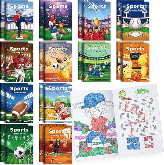 BenLouis 24 Pcs Sports Mini Coloring Books Kids Football Basketball Soccer Baseball Party Favors Small Activity Books Bulk for Kids Sports Birthday Goodie Bags Stuffers Return Gifts Classroom Travel