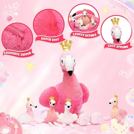 IKASA Mommy Flamingo Stuffed Animal Mom and Baby Plush Toy, Cute 24" Soft Small Mama Family Set Cuddly Toys with Little Mini Babies,Gifts for Kids