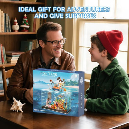 Fish Tank Building Blocks Set - 830PCS Ocean Treasure Hunt Building Set with Adventure Boat, Shark, Jellyfish & Coral Reef, STEM Toys Halloween for Teens Adults