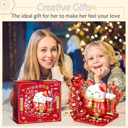 Lucky Cat Building Block Set, Compatible with Lego Cat, 868Pcs Cute Fortune Cat with Flowers Building Blocks, Christmas Birthday Creative Gift for Girls Boys Adult (Red Cat)