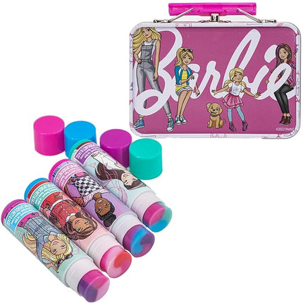 Barbie – Townley Girl Plant Based 4 Pk Swirl Lip Balm with Tin Case Makeup Cosmetic Set for Kids and Girls, Ages 3+, Perfect for Parties, Sleepovers & Makeovers