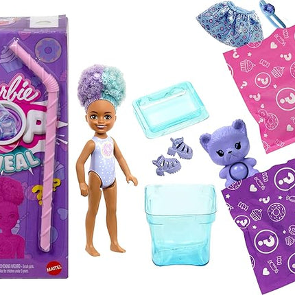 Barbie Chelsea Pop Reveal Doll Set, Treat Series with 5 Surprises Including Scented Small Doll, Pop-It Pet & Color Change (Styles May Vary)