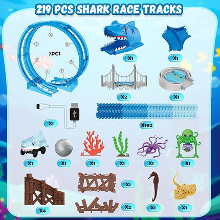 VATOS Shark Track Toys - 219 Pcs Flexible Race Track Set with 360° Loops, Electric Shark Car & Auto-Rotating, Create a Shark Theme Road Race, STEM Toy Birthday for Boys Girls Ages 3-8
