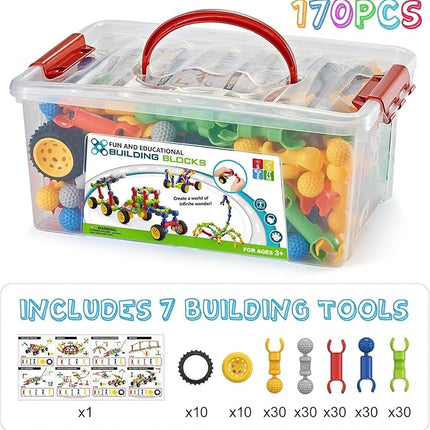 170 Pcs Building Toys for Kids Ages 4-8 with Toy Box Storage, Idea Guide, Building Blocks STEM Toys for 3 4 5 6 7 8 9 Year Old Creative Kids Activity, Christmas Birthday Gifts for Boys Girls