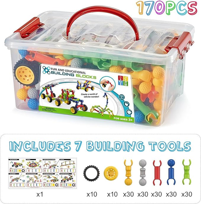 170 Pcs Building Toys for Kids Ages 4-8 with Toy Box Storage, Idea Guide, Building Blocks STEM Toys for 3 4 5 6 7 8 9 Year Old Creative Kids Activity, Christmas Birthday Gifts for Boys Girls