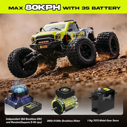 AMORIL 1/10 RTR Brushless Fast RC Cars for Adults,Max 50mph Hobby Electric Off-Road Monster Truck,Waterproof High Speed RC Car 4WD Remote Control Car with 3S Lipo,Green