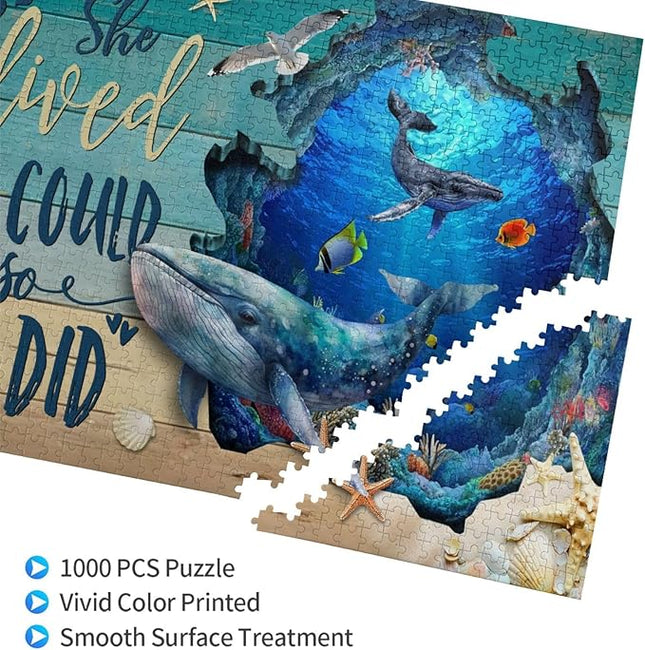 Ocean Jigsaw Puzzles 1000 Pieces for Adults, Majestic Whales & Inspirational Quotes, Motivational Sea Life Art Wooden Puzzle for Stress Relief, Empowering Home Decor