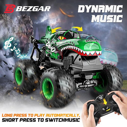 BEZGAR Monster Truck Toys - Remote Control Monster Truck with Light & Music, Dinosaur Toys for Kids, 1:20 Scale RC Truck with 360° Spins and Drifting, Remote Control Car for Boys 4-7