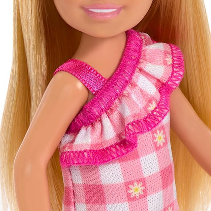 Barbie Chelsea Doll, Small Doll Wearing Removable Checked Dress & Pink Shoes with Blonde Hair & Blue Eyes