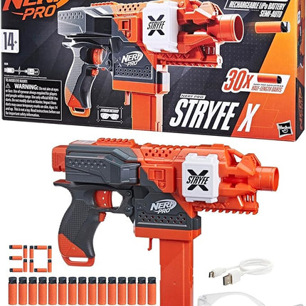 NERF Pro Stryfe X Dart Semi-Auto Blaster, Rechargeable LiPo Battery, 30 AccuStrike Half-Length Darts, 15-Dart Magazine, 150 FPS, Eyewear, 14+ (Amazon Exclusive)