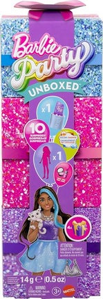 Barbie Party Unboxed Doll & Accessories, Glam Party Series with 10 Surprises Including Color-Change, Purple Sparkle Doll