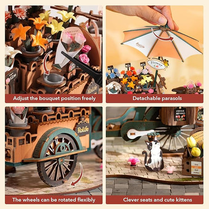Rolife 3D Wooden Puzzles for Adults, Model Building Kit Flower Cart to Build, Fun Construction Projects Brain Teaser, Arts Crafts Collectible Handcraft Desk Decor Chirstmas Gifts for Family Teens