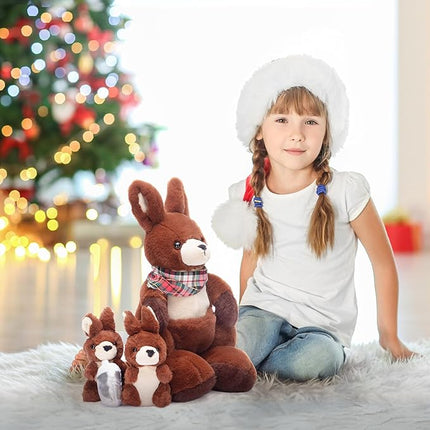 IKASA Mommy Kangaroo Stuffed Animal Mom and Baby Plush Toy, Cute 15.5" Soft Cuddly Family Set with Little Mini Babies,Gifts for Kids