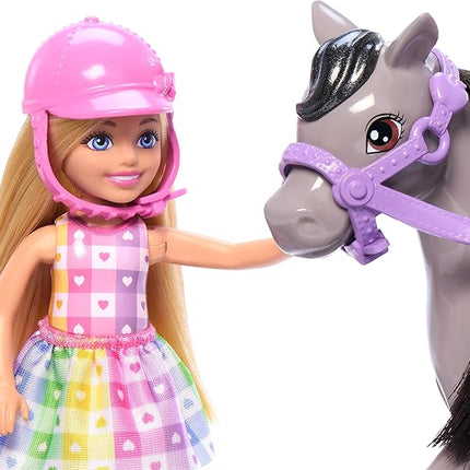 Barbie Chelsea Doll & Toy Horse Set, Includes Helmet Accessory & Saddle, Small Doll Bends at Knees to “Ride” Gray Pony