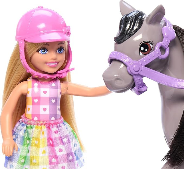 Barbie Chelsea Doll & Toy Horse Set, Includes Helmet Accessory & Saddle, Small Doll Bends at Knees to “Ride” Gray Pony