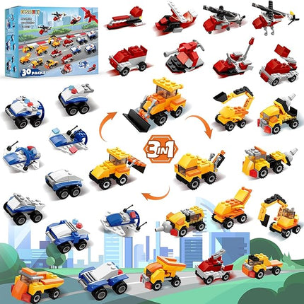 30 Packs Party Favors for Kids - 3 in 1 Mini Cars Building Blocks Toy Include Fire Truck, City Police Car, Construction Vehicle for Classroom Prizes, Christmas Birthday Gift for Boys 6-12